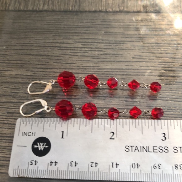 Vintage Red Cut Crystal Sterling Silver Lever Back Earrings Long Dangle - Picture 8 of 16